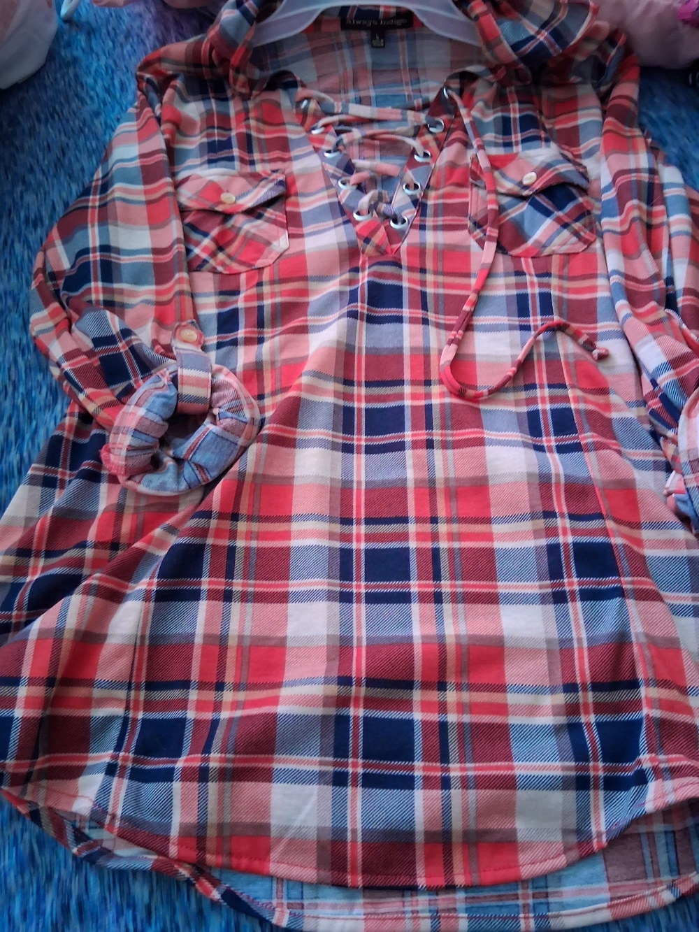 Always Indigo Plaid Lace-Up Blouse in Red & Blue Size Large Like New